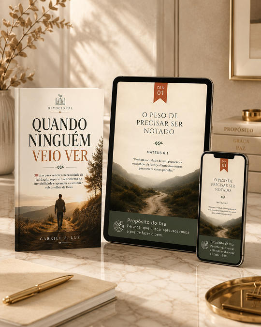 O devocional aberto no Dia 01, em tablet e celular, ao lado do livro impresso